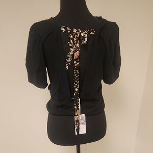 Prettywear Brand  Black Blouse with Cut Out Patterned Tie Back Size Lg